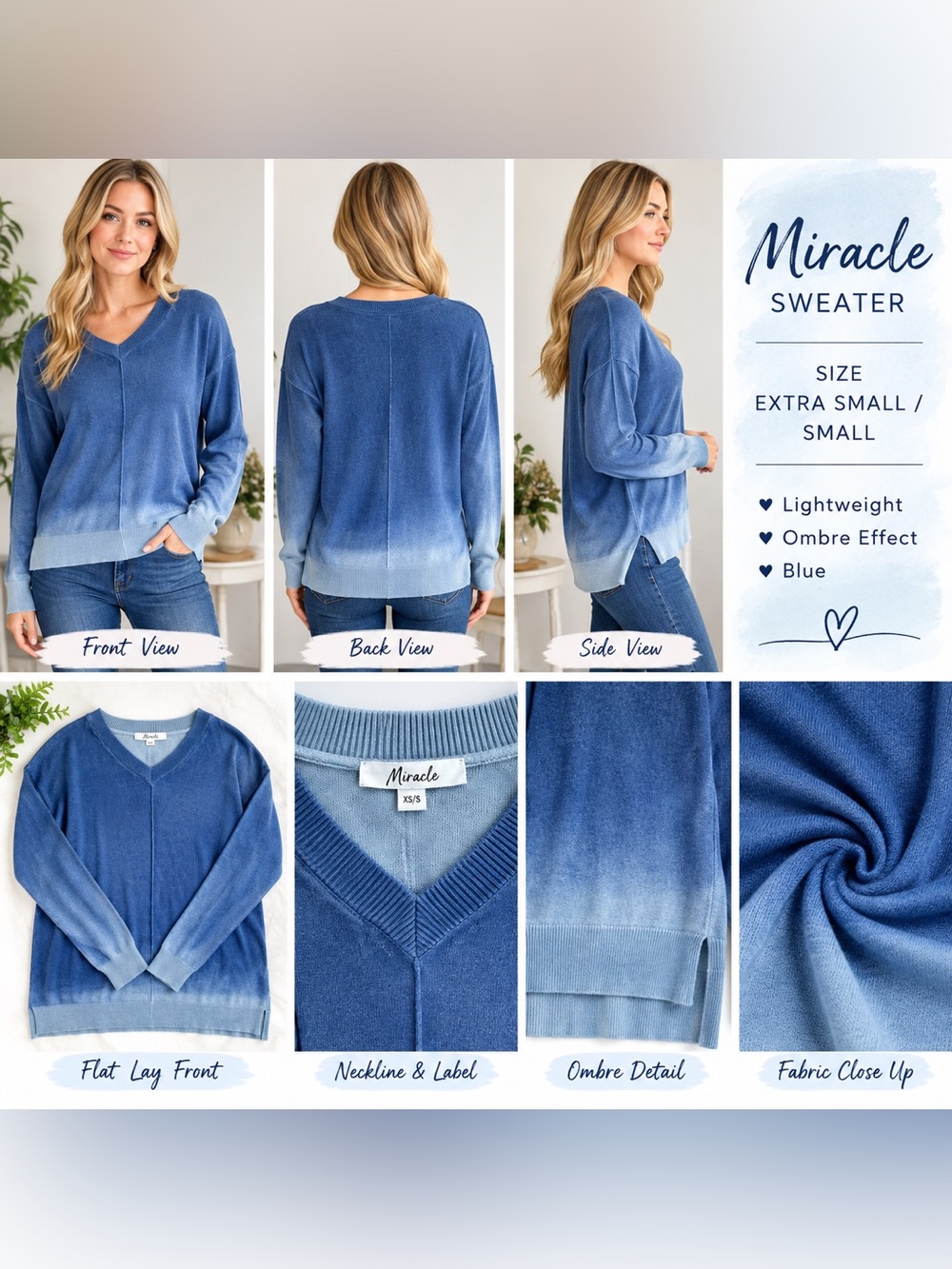 Miracle Blue Ombre Lightweight V-Neck Sweater